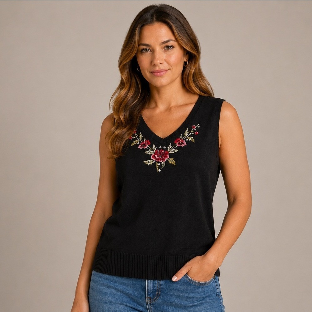 Vintage Spanner Cotton Sweater Vest L Black Floral Embroider V Neck Cottagecore